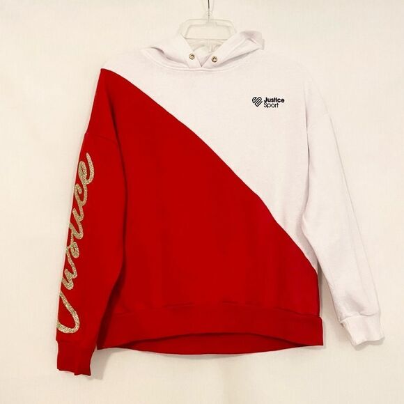 Justice red and white hoodie with “Justice” gold glitter logo. Size XL (16/18) - Picture 2 of 8